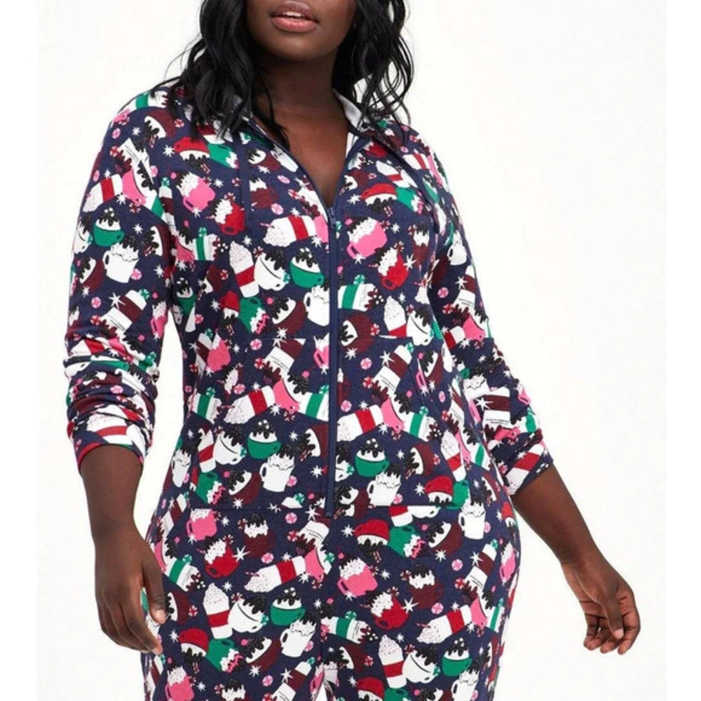 Torrid 1X/2X Fleece Full‎ Length Hooded Coffee Lovers Hooded Union Suit Pajamas